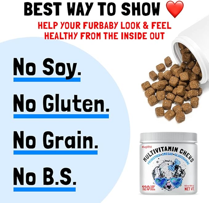 Dog Vitamins - 120 Multivitamins Chews w/Glucosamine Chondroitin, Probiotics Digestive Enzymes and Omegas - Supplement for Overall Health - Joint Support, Immune Health, Skin and Heart Health
