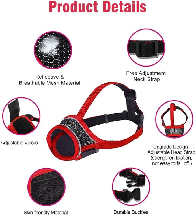 New Dog Muzzle, Breathable Drinkable Mesh Muzzle for Dogs,Anti Biting Barking Chewing,Grooming Muzzle for Dog with Anti-Drop Adjustable Anti-Drop &Shiny Reflective Strap in Night (Red, S)