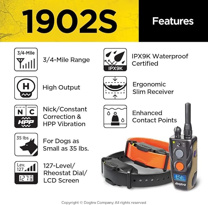 Dogtra 1902S Ergonomic 3/4-Mile IPX9K Waterproof High-Output 2-Dog Remote Dog Training E-Collar