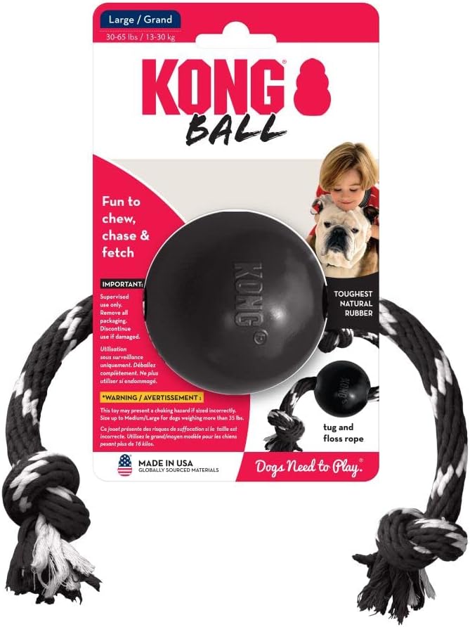 KONG Extreme Ball with Rope - Dog Fetch Toy with Rope for Easy Throwing - Durable Dog Ball Toy for Tug, Playtime & More s Most Durable Natural Rubber - Black - for Large Dogs