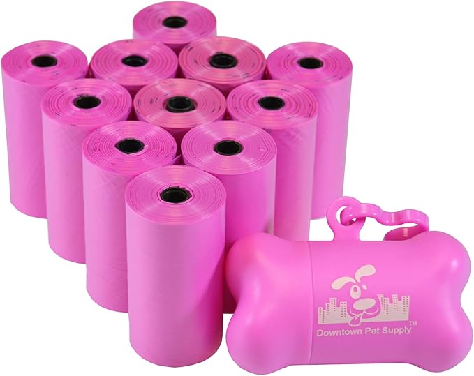 Downtown Pet Supply 220 Count Dog Poop Bags Refills with Leash Clip and Bone Bag Dispenser, Pink - Dog Waste Bags Unscented and Leak-Proof with Dog Poop Bag Dispenser - 12.5 x 8.5"