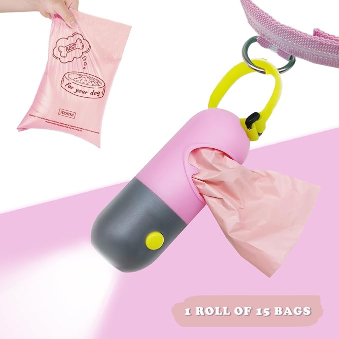 Dog Poop Bag Dispenser with Flashlight|Dog Poop Bag Holder with Leash Clip|Hands-Free Leash Poop Bag Holder with Straps and 1 Roll Dog Waste Bags (Pink)