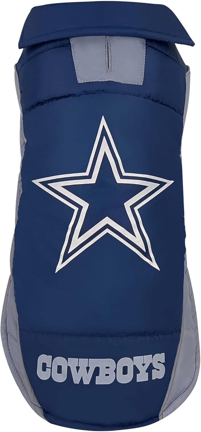 NFL Dallas Cowboys Puffer Vest for Dogs & Cats, Size Small. Warm, Cozy, and Waterproof Dog Coat, for Small and Large Dogs/Cats. Best NFL Licensed PET Warming Sports Jacket