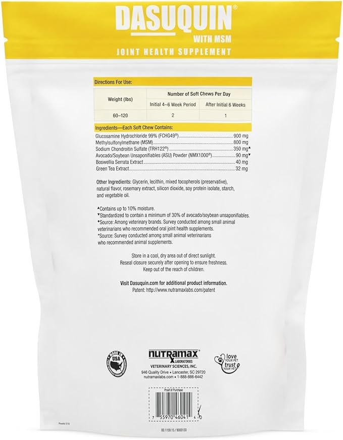 Nutramax Laboratories Dasuquin with MSM Joint Health Supplement for Large Dogs - With Glucosamine, MSM, Chondroitin, ASU, Boswellia Serrata Extract, and Green Tea Extract, 150 Soft Chews