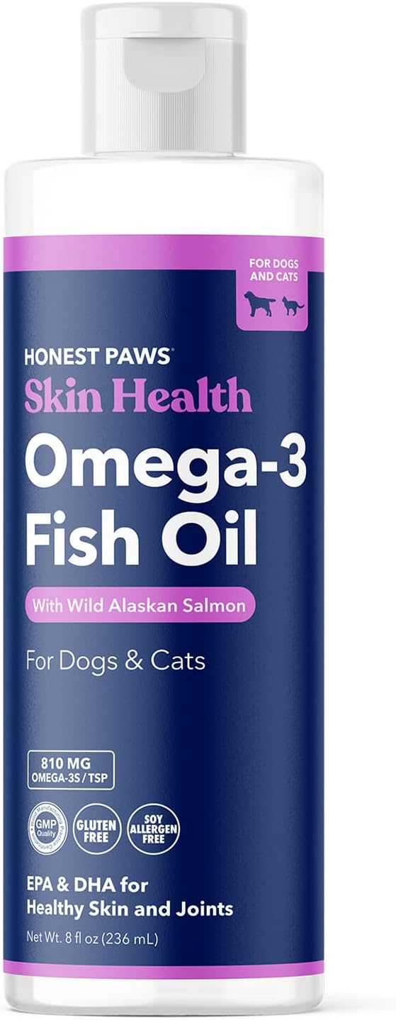 Honest Paws Fish Oil for Dogs - Omega 3 Wild Alaskan Salmon Oil - Healthy Skin, Joints, Nutritional Support, Shiny Coat - Fatty Acid, Pollock Oil - Sustainably Sourced - 8 Oz