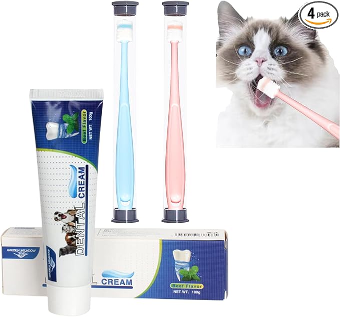 Cat Dog Pet Toothbrush & Toothpaste Kit,360 Degree Pet Toothbrush,Pet Teeth Cleaning kit,Reduces Plaque, Whitens Teeth, Freshens Breath