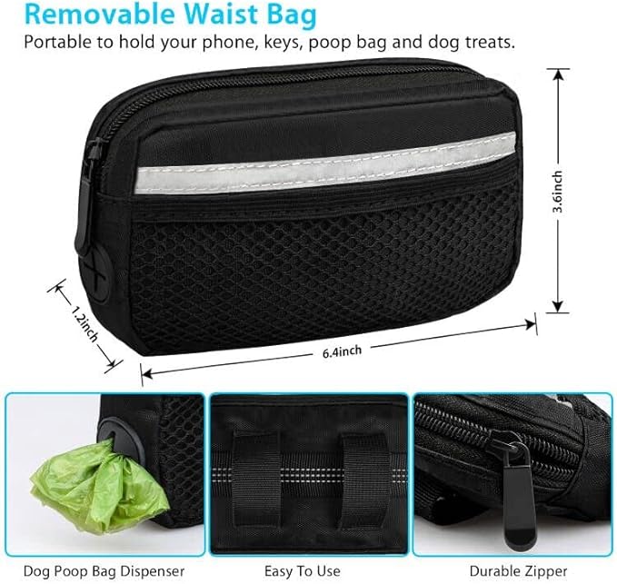 Hands Free Dog Running Leash with Zipper Pouch, Dual Handle, Elastic Bungees Retractable Rope for Medium and Large Dogs, Waist Bag Pack Carry All Phones Money for Walking Hiking Biking