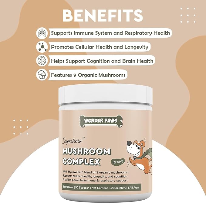 Immune Support Mushroom Powder for Dogs – Organic Mushroom Complex for Immunity, Cognition, Cellular Health, Longevity - With Turkey Tail Mushroom for Dogs, Reishi & Lions Mane – 90 Scoops