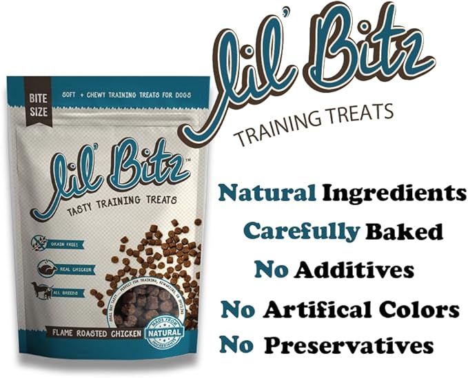 Lil' Bitz Flame Roasted Chicken Training Treats for All Dog Breeds - Low Calories, Grain Free, Natural Ingredients, NASC Compliance - Perfect Reward for Dogs of Every Size (6 Pack)