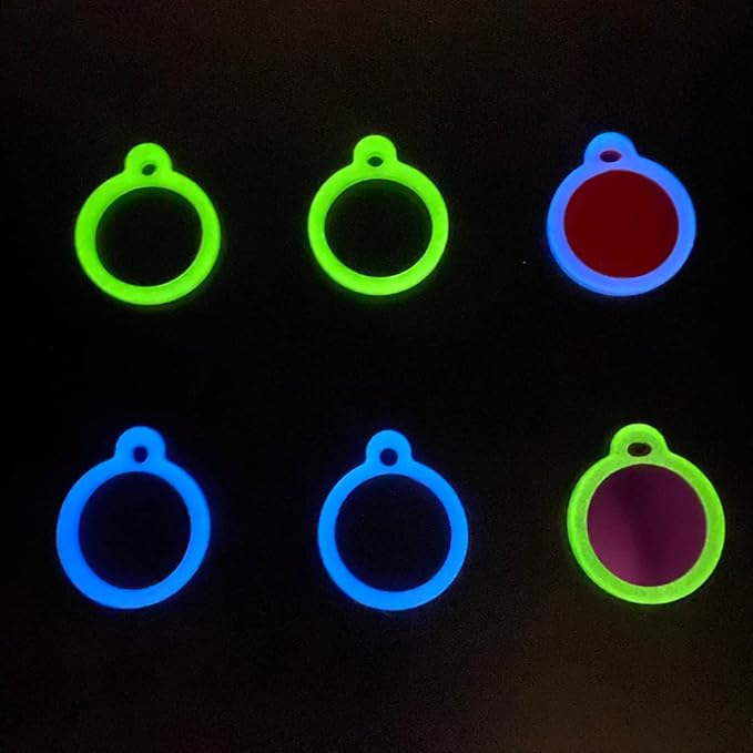 6 Pack Two Colors Circle Silicone Dog Tag Silencer Green Glow in The Dark Round Soundless Pet Tag Sleeve Blue Glow in The Dark Personalize Pet Name Tags Protector Lightweight Pet Tag Cover