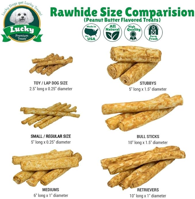 Lucky Premium Treats, Peanut Butter Basted Rawhide, Small Dog Treats, 60 Chews, Gluten Free, 0.15 lbs