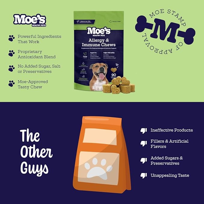 Moe’s Allergy and Immune Support for Dogs-Supports Anti-Itch, Seasonal Allergies & Immunity-Omega 3 Wild Alaskan Salmon Fish Oil - Dog Allergy Treatment, Skin Health- Made in USA- 90 Chews (Chicken)