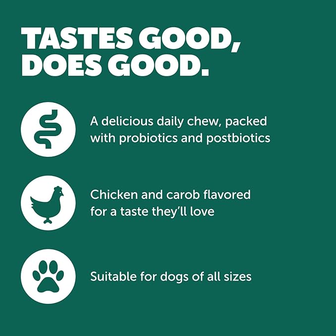 Daily Care Gut+ Digestive, 60 probiotic and postbiotic Dog Supplement Chews – Chicken and Carob Flavored