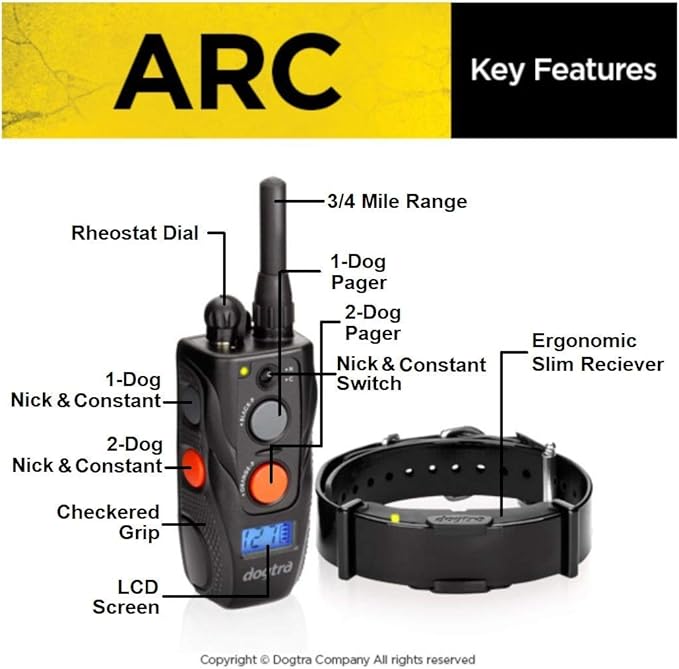 Dogtra ARC Dog Training Collar - 3/4 Mile Range, Waterproof, Rechargeable, Static, Vibration, Fits 15lbs & Up, Includes Free Essential Pet Products Training Clicker and Collapsible Food and Water Bowl