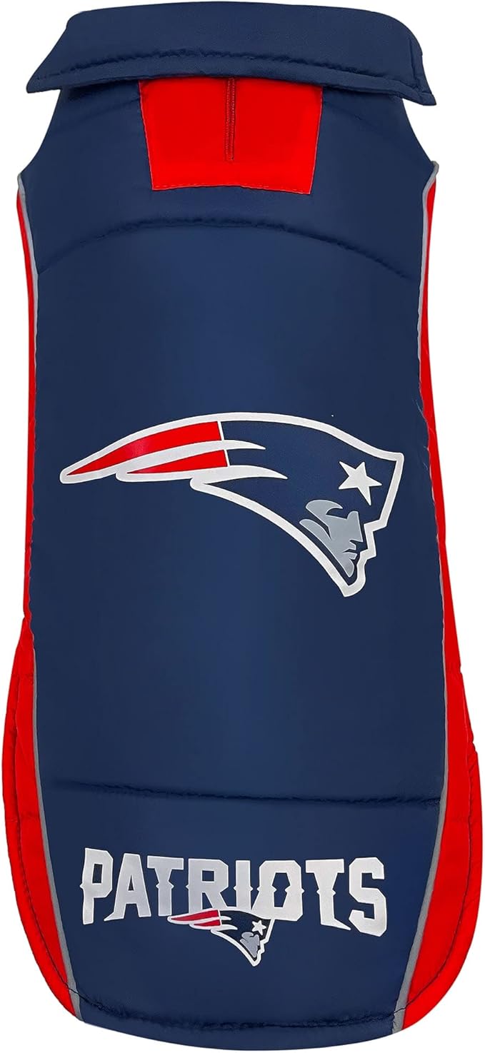 NFL New England Patriots Puffer Vest for Dogs & Cats, Size Medium. Warm, Cozy, and Waterproof Dog Coat, for Small and Large Dogs/Cats. Best NFL Licensed PET Warming Sports Jacket