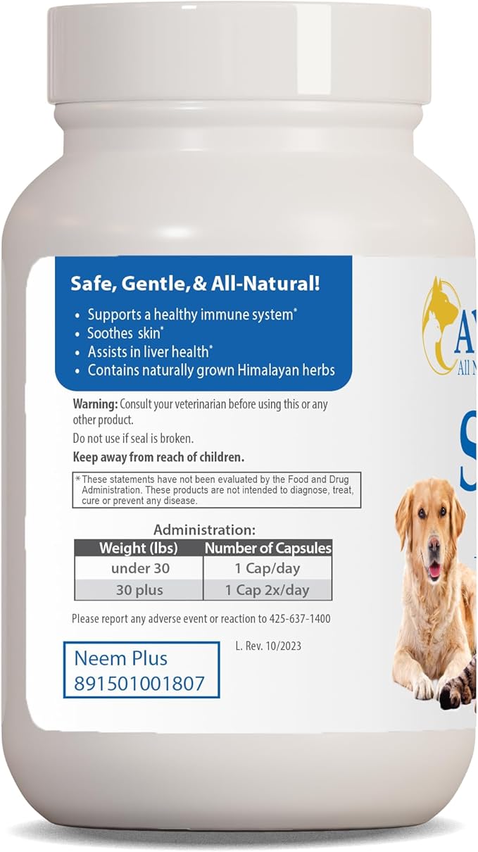 Ayush Pet Skin Plus, Neem Supplement for Healthy Skin and Coat, Supports Gut and Immunity, 90 Capsules