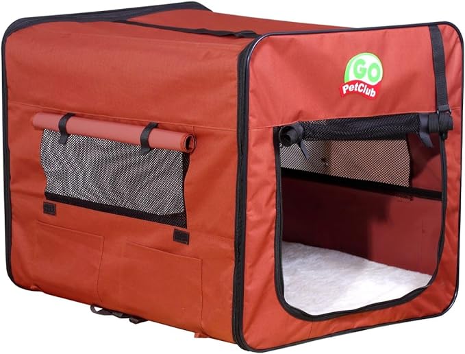 Go Pet Club 32" Soft Collapsible Dog Crate, Portable Pet Carrier, Thick Padded Pet Travel Crate for Indoor & Outdoor, Foldable Kennel Cage with Durable Mesh Windows, Brown