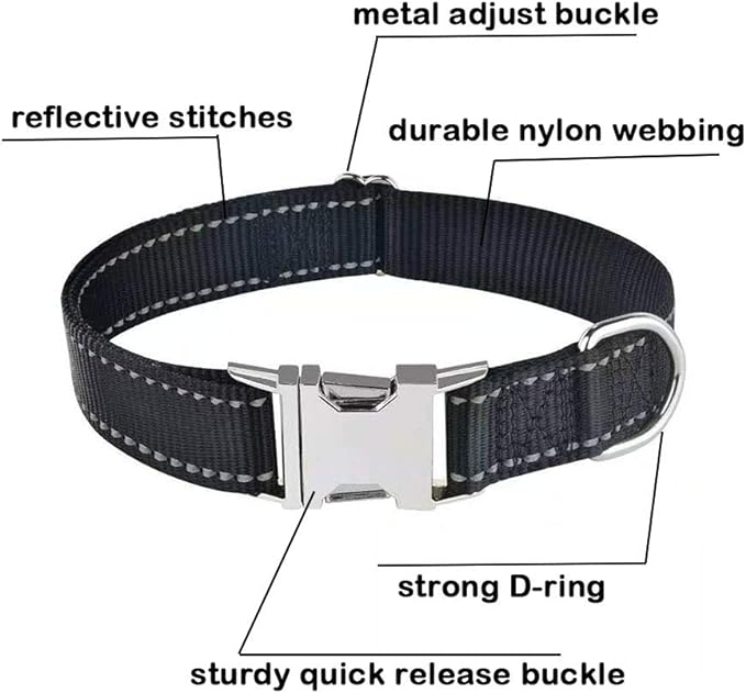 Love Dream Reflective Dog Collar with Metal Buckle, Adjustable Safety Nylon Dog Collars with Heavy Duty Quick Release Buckle for Small Medium Large Dogs, Pet Collar with ID Tag Ring