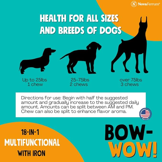 NovaFerrum Bow Wow | 18-in-1 Multifunctional with Iron Supplement for Dogs | Blood Support for Anemia | Glucosamine | Probiotics | Antioxidants | Chicken Flavor | 90 Chews
