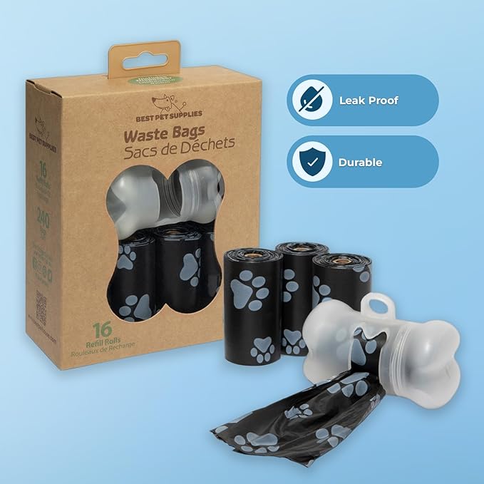 Best Pet Supplies Dog Poop Bags (240 Bags) for Waste Refuse Cleanup, Doggy Roll Replacements for Outdoor Puppy Walking and Travel, Leak Proof and Tear Resistant, Thick Plastic - Black