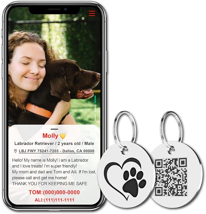 MYLUCKYTAG Stainless Steel QR Code Pet ID Tags Dog Tags - Pet Online Profile - Scan QR Receive Instant Pet Location Alert Email