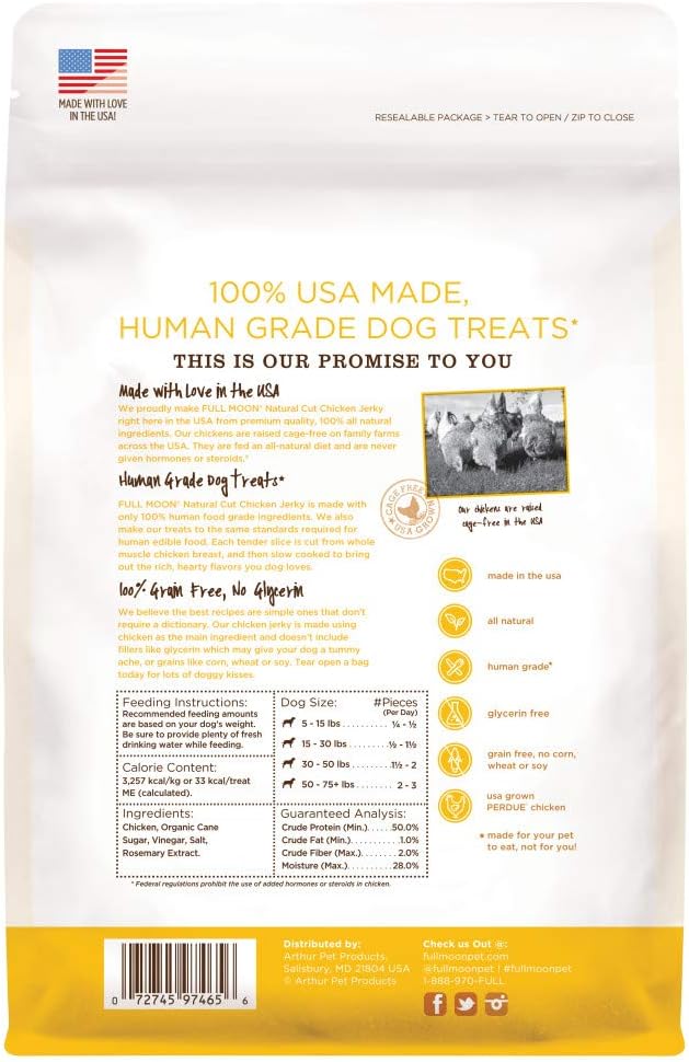 Full Moon Natural Cut Chicken Jerky Healthy All Natural Dog Treats Human Grade Grain Free 12 oz