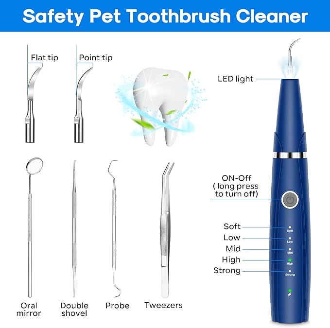Ultrasonic Dog Teeth Cleaning Kit for Pet Teeth Cleaning, Dog Plaque Remover for Teeth, 5 Modes Dog Tartar Remover for Teeth Care to Remove Stains Calculus, 10 in 1 Pet Cleaner Toothbrush (Blue)