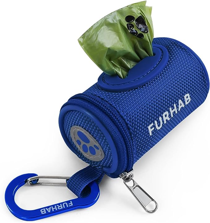 Dog Poop Bag Holder for Leash Doggie Waste Bag Dispenser Soft Fabric Puppy Potty Carrier Small Doggy Zipper Pouch with Carabiner Clip 1680D Nylon Oxford with 1 Roll of Pet Trash Bag, Royal Blue
