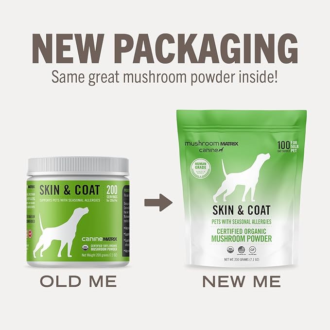Om Mushroom Matrix Pet - Canine | Skin & Coat | USA Grown Human-Grade Organic Mushroom Powder Pet Supplement | Seasonal Allergy Skin & Coat Support for Dogs & Cats | 200 Grams, 7.1 oz