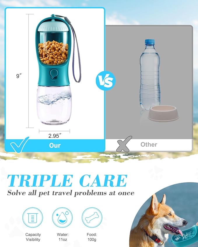 Dog Water Bottle 2 in 1, Leak Proof Portable Pet Water Bottle with Food Container, Outdoor Portable Water Dispenser for Cat, Puppy Supply for Walking, Hiking, Camping, Travel(10oz Indigo)