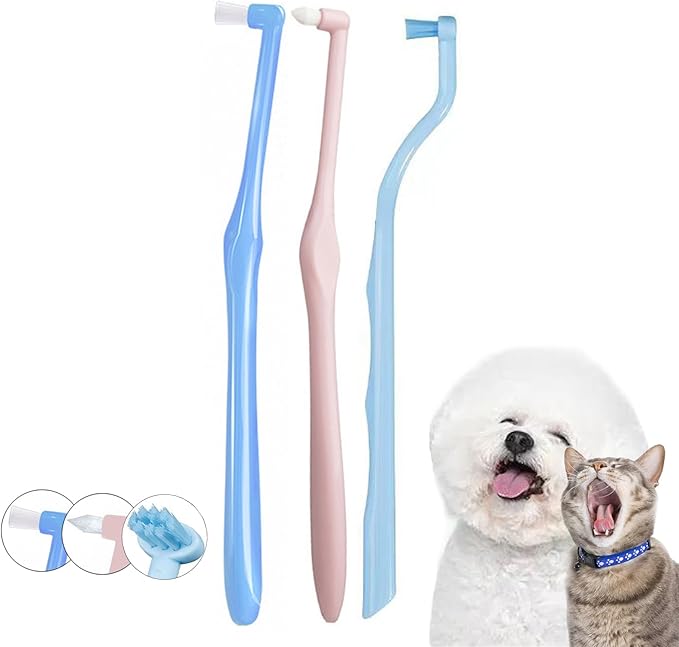 3 Pack Cat Toothbrush with Mini Soft Head, Small Dog Teeth Deep Clean Dense Brush, Pet Safe and Effective Oral Care, Cat Tooth Brush Away Bad Breath(Pink, Blue)