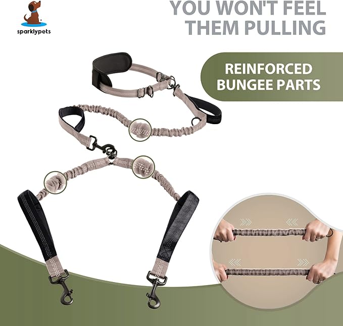 SparklyPets Hands Free Double Dog Leash – Dual Dog Leash for Medium and Large Dogs – Dog Leash for 2 Dogs with Padded Handles, Reflective Stitches, No Pull, Tangle Free (Brown, for 2 Dogs)