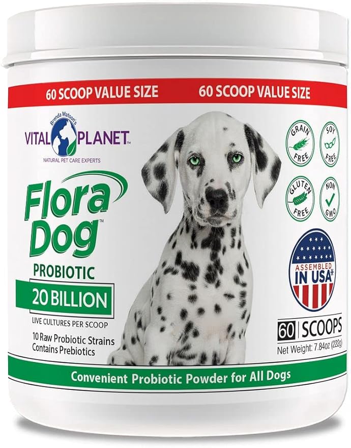 Vital Planet - Flora Dog Probiotic Powder Supplement with 20 Billion Cultures and 10 Strains, High Potency Immune and Digestive Support Probiotics for Dogs, 7.84 oz., 222 grams, 60 Servings