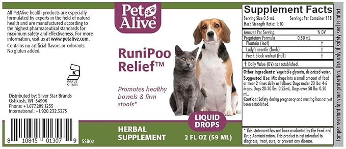 PetAlive RuniPoo Relief - All Natural Herbal Supplement Promotes Health Bowels and Firm Stools in Cats and Dogs - Relieves Common Symptoms of Pet Diarrhea - 59 mL