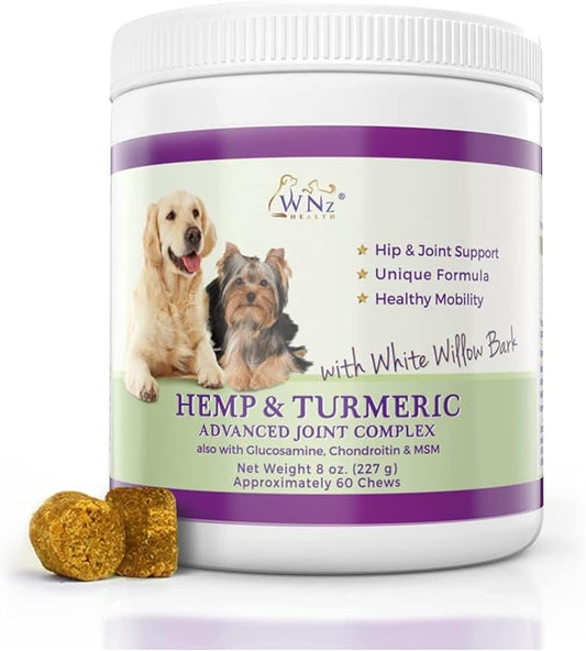 Hemp & Turmeric Hip and Joint Chews for Dogs - Dog Hemp Chews for Pain Relief & Arthritis - Anti-inflammatory Hemp Dog Treats w/MSM, Hemp Oil, Glucosamine and Chondroitin for Dogs 60 Chews, 8 Oz