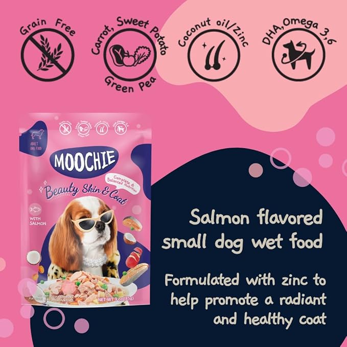 MOOCHIE Wet Dog Food - Superfood Selection of Soft Dog Food - Duck, Salmon & Chicken Liver Flavors - No Added Preservatives or Artifical Flavoring -12 x 2.5 oz Pouch