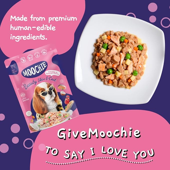 MOOCHIE Grain Free Wet Dog Food for Small Dogs - Skin and Coat - Made with Salmon, Chicken, Beef and Vegetables - No Added Preservatives or Artifical Flavoring - 12 x 3 oz Pouch