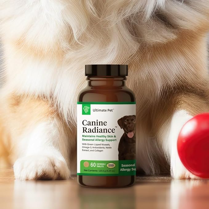 ULTIMATE PET NUTRITION Canine Radiance Skin Allergy Support Supplement for Dogs, Omega-3 Skin Hydration, Antioxidants to Prevent Itching and Strengthen Coat, 60 Chewable Tablets