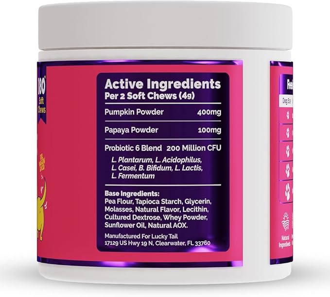 LuckyTail Probiotic Chews for Dogs - Gut Health for Dogs - Tummy Essentials for Dogs - Dog Pumpkin Powder - Digestive Enzymes for Dogs - Aprox. 180 Soft Chews