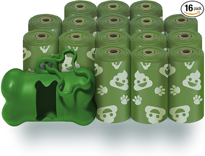 Best Pet Supplies Dog Poop Bags (240 Bags) for Waste Refuse Cleanup, Doggy Roll Replacements for Outdoor Puppy Walking and Travel, Leak Proof and Tear Resistant, Thick Plastic - Green with Poop Emoji
