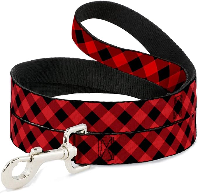 Buckle-Down Dog Leash Diagonal Buffalo Plaid Black Red Available In Different Lengths And Widths For Small Medium Large Dogs and Cats, 6 Feet Long - 1/2" Wide