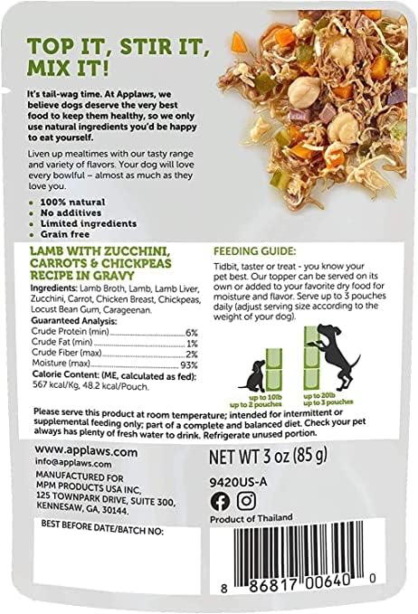 Applaws Taste Toppers Wet Dog Food Bundle: (3) Chicken Breast With Broccoli, Apple, Quinoa in Broth & (3) Lamb With Zucchini, Carrot & Chickpeas in Gravy (6 Pouches Total, 3 Oz Each) Plus Silicone Lid