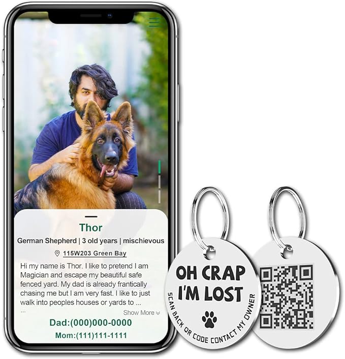 MYLUCKYTAG Stainless Steel QR Code Pet ID Tags Dog Tags - Pet Online Profile - Scan QR Receive Instant Pet Location Alert Email