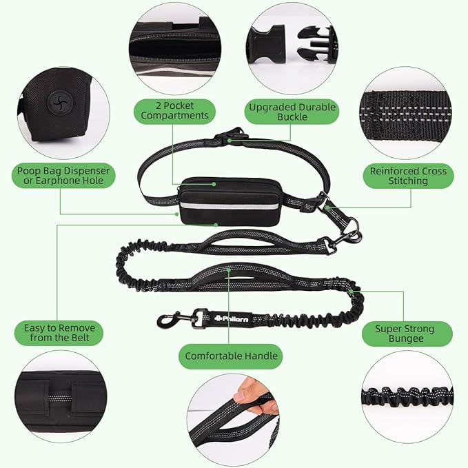 Philorn Hands Free Dog Leash with Pouch, Adjustable Waist Leash for Dog Walking, Running Leash for Medium Large dogs, Waist Dog Leash with Dual Handles and Durable Bungee for Jogging Hiking (Black)