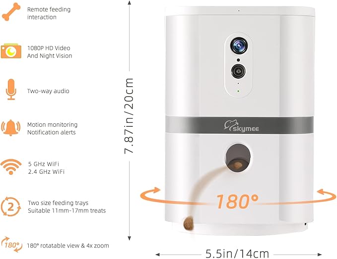 SKYMEE Petalk AI II Dog Camera Automatic Treat Dispenser, 5G WiFi Full HD Pet Camera with 180° Pan Full-Room View
