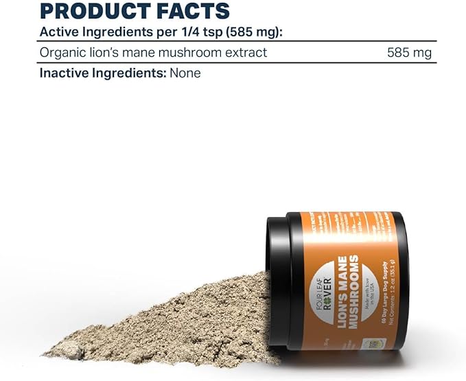 Lion's Mane - Organic Mushrooms Extract for Dogs | Hericenones & Erinacines | Supports Cognitive Health & Neurological Function - 60-Day Large Dog Supply