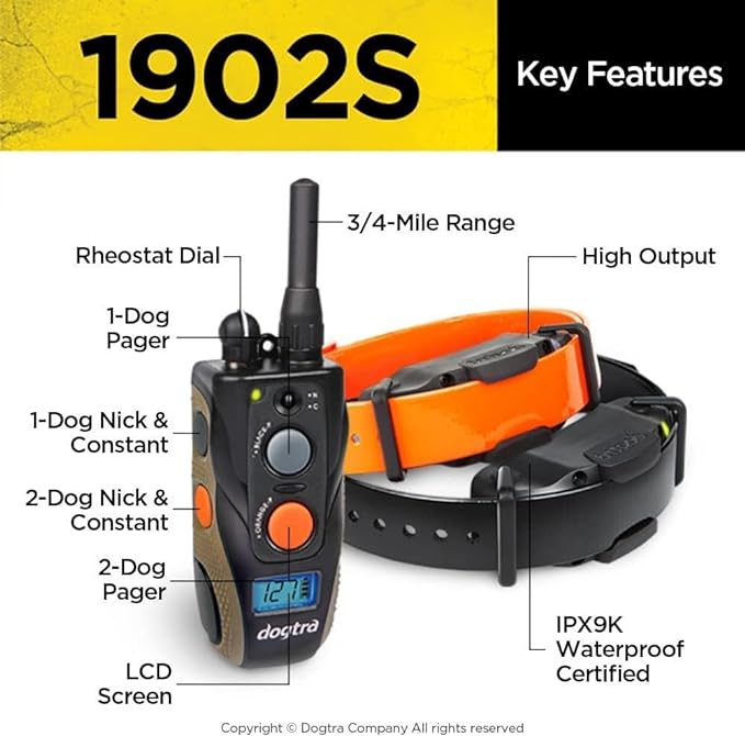 Dogtra 1902S Ergonomic 3/4-Mile IPX9K Waterproof High-Output 2-Dog Remote Dog Training E-Collar