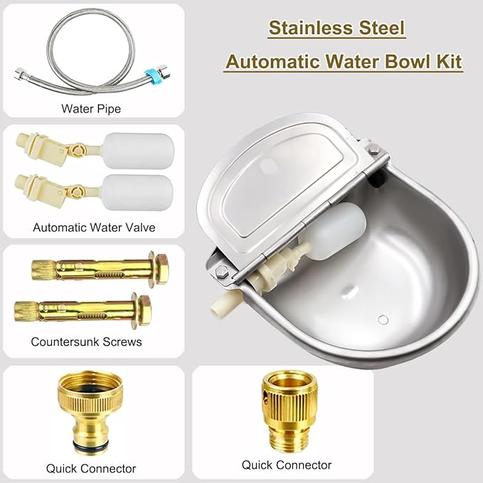 Automatic Animal Drinking Water Bowl 304 Stainless Steel Waterer with Float Valve Farm Dog Dispenser Kit Livestock Water Trough Dispenser for Dog Horse Pig Cow, Goat Waterer