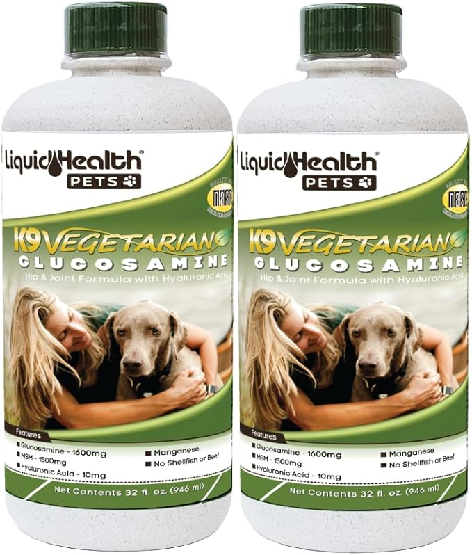 LIQUIDHEALTH 32 Oz K9 Vegetarian Liquid Glucosamine for All Dogs Canines - Chondroitin, MSM, Omega 3, Anti Oxidants Hyaluronic Acid – Joint Health, Dog Vitamins Hip Joint Juice, Joint Oil-2Pack
