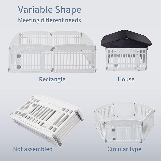 Pet Playpen Foldable Gate for Dogs Plastic Puppy Exercise Pen with Door Portable Indoor Outdoor Pets Fence Puppies Folding Cage 4 Panels House Supplies (6*Playpen White Roof with Cover)